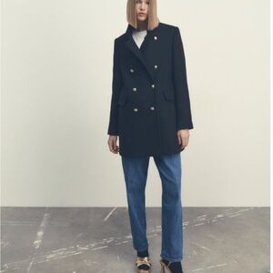 ZARA Double -Breasted Black Peacoat with Gold Buttons women size large